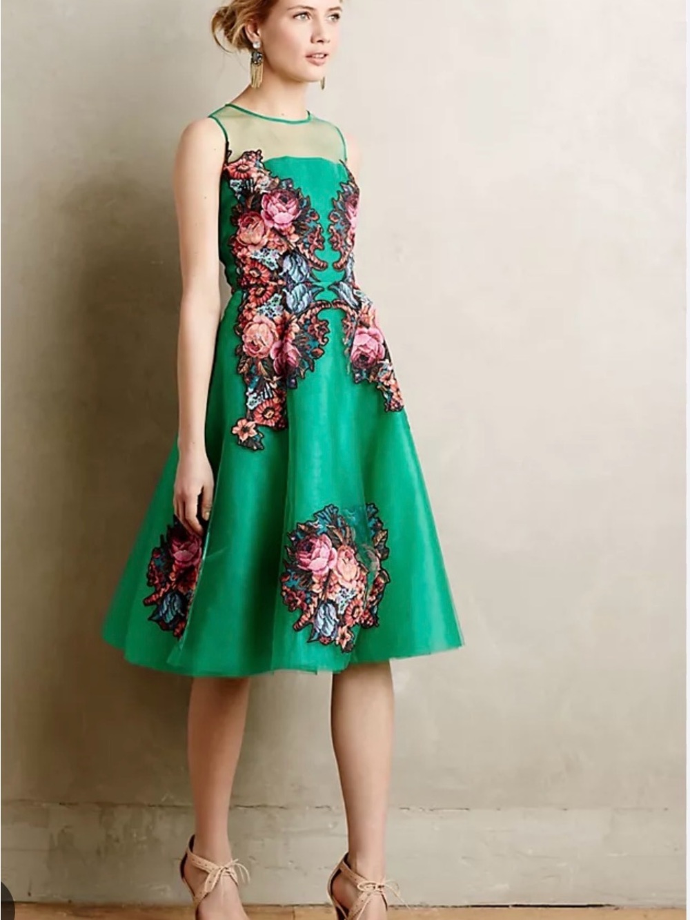 Sachin + Babi Emerald Midi Dress with Pink Floral Appliqué